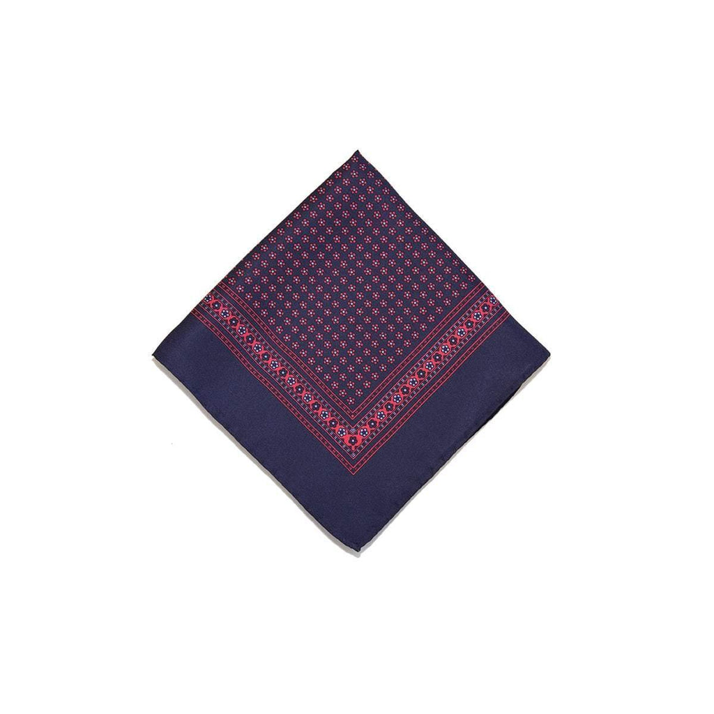 Navy Red Flower Motif Silk Pocket Square - British Made