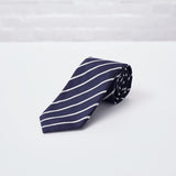 Navy White Striped Woven Silk Tie Hand Finished