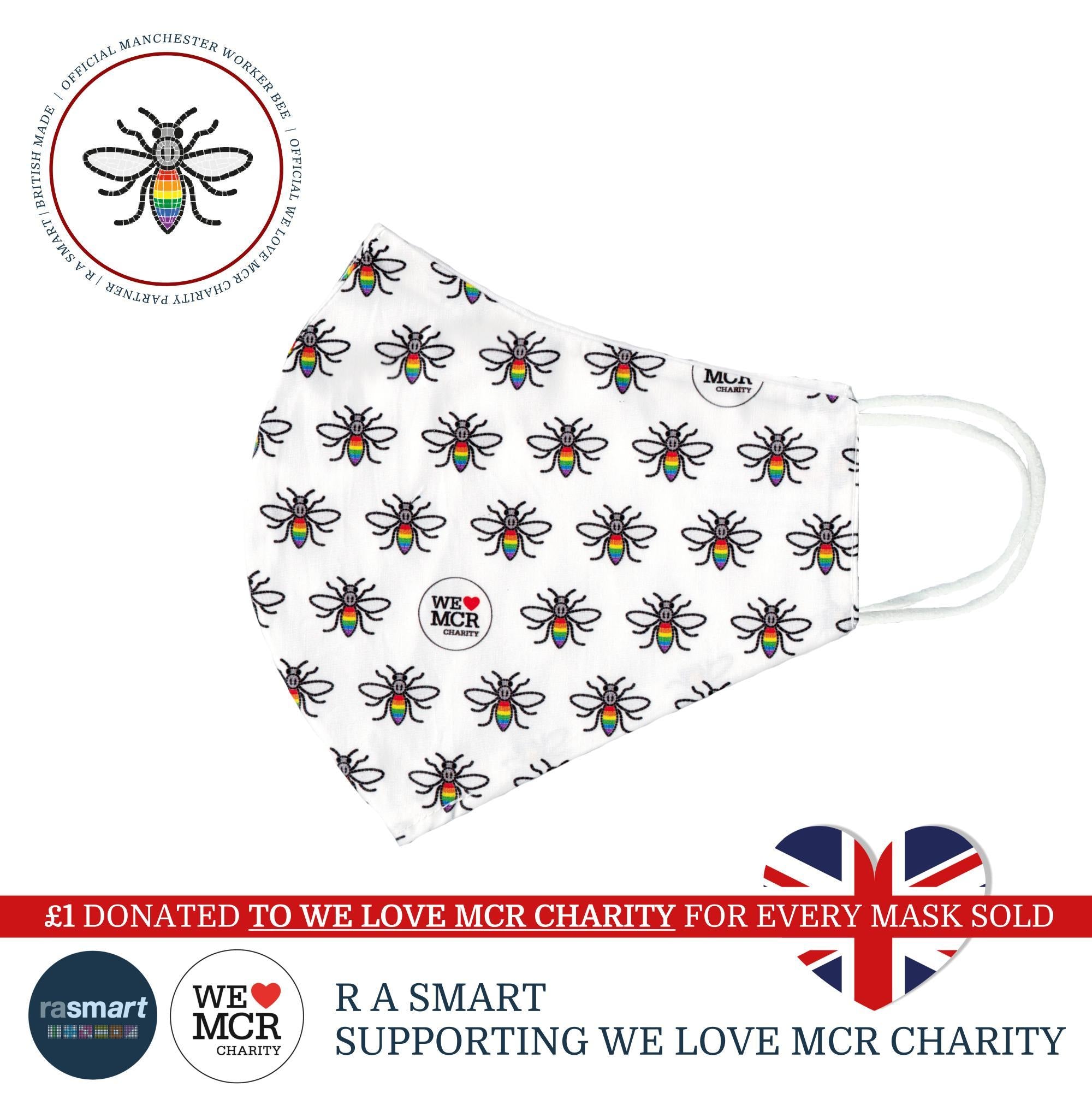 Official Manchester Bee Face Mask Design - 100% Pure Cotton - British Made