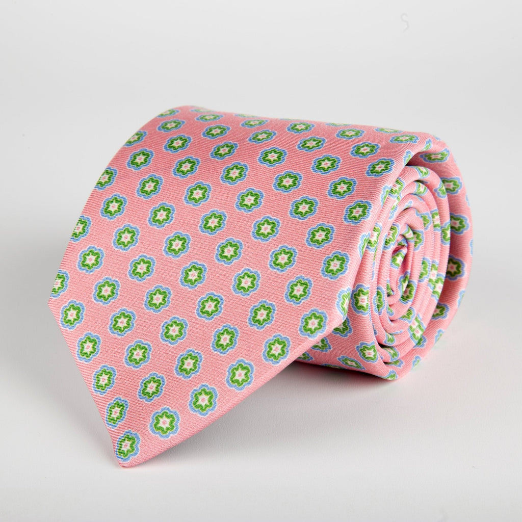 Pink Geometric Flower Printed Silk Tie - British Made