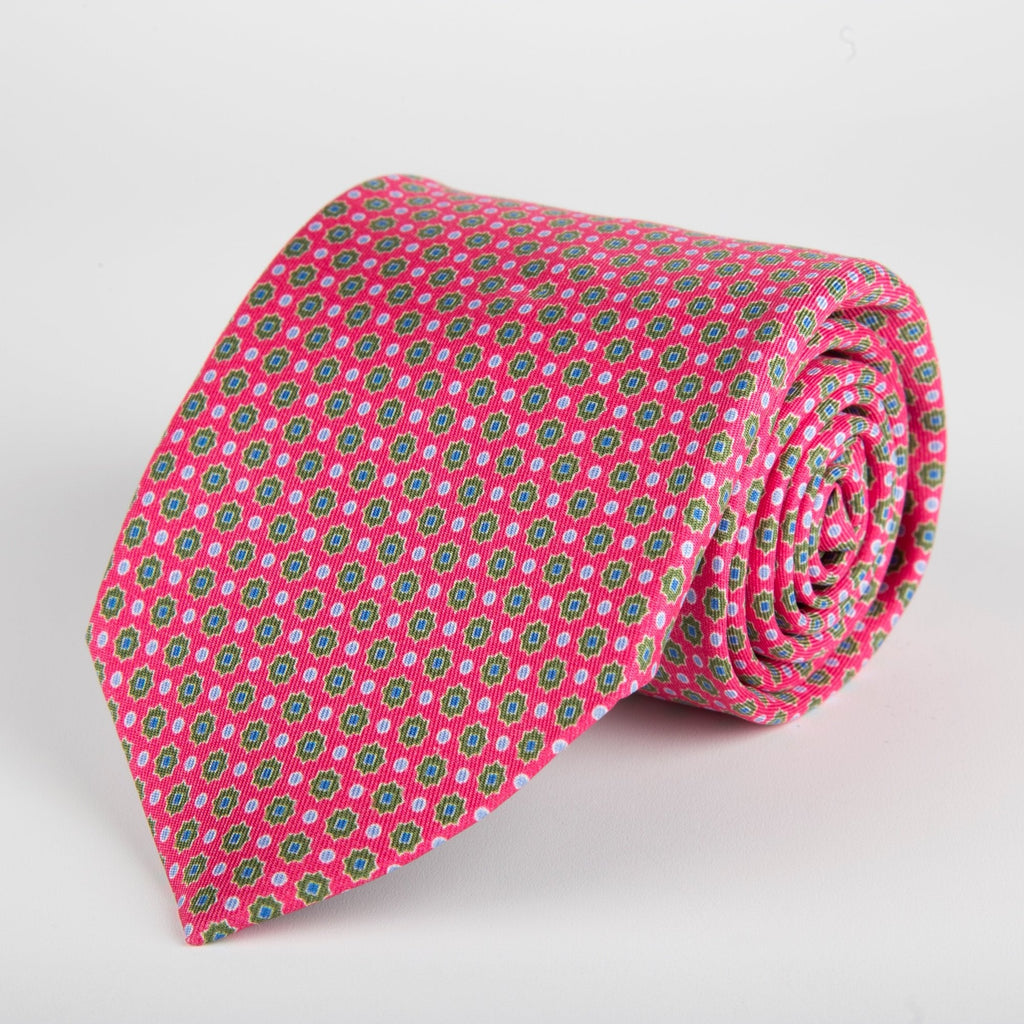 Pink Geometric Starflower Printed Silk Tie - British Made