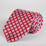 Red Geometric Flower Block Printed Silk Tie - British Made