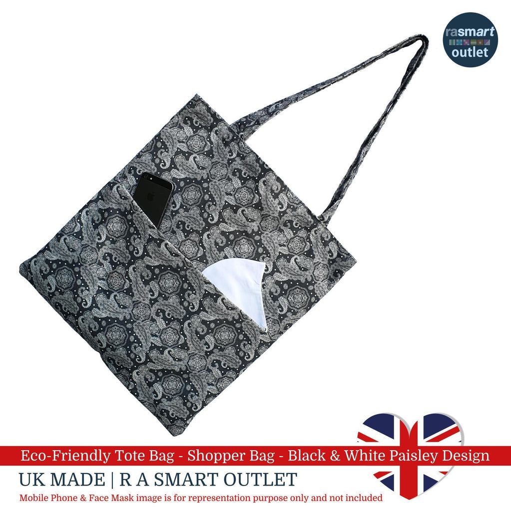 Tote Bag - Black & White Paisley Design - Shopping Bag 100% Pure Cotton - British Made