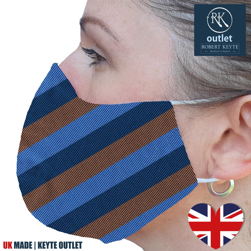 Woven Silk Face Mask - Blue Brown Stripe Design - 100% Pure Silk - British Made