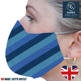 Woven Silk Face Mask - Blues Stripe Design - 100% Pure Silk - British Made