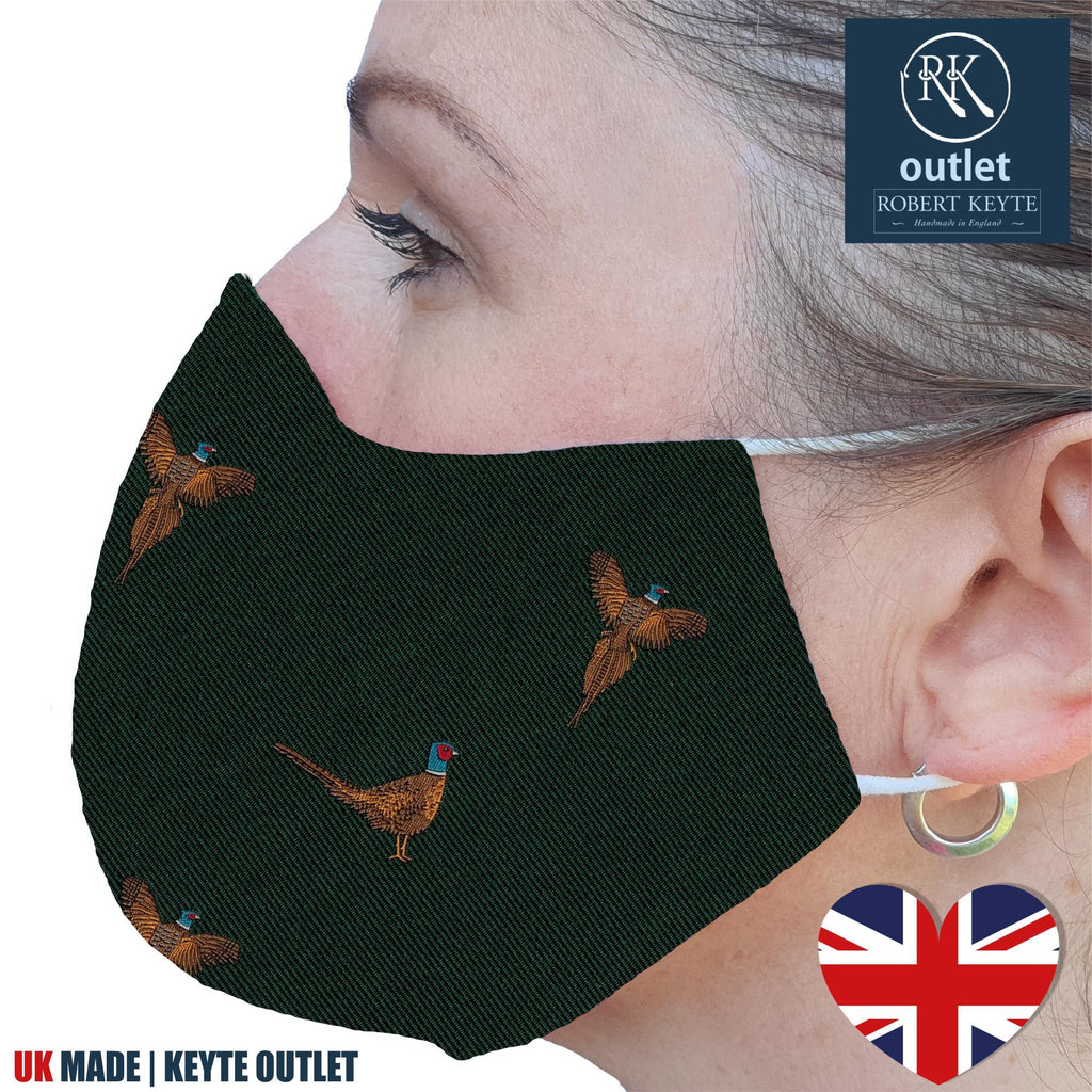 Woven Silk Face Mask - Green Pheasant Design - 100% Pure Silk - British Made